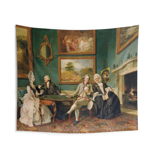 This 18th-century wall tapestry featuring The English Dutton Family in the drawing room brings a touch of vintage elegance to any room.