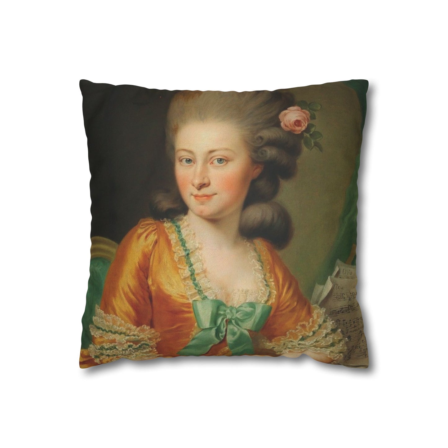 Elegant square pillowcase featuring an 18th-century portrait of a refined lady, perfect for classical home decor. 