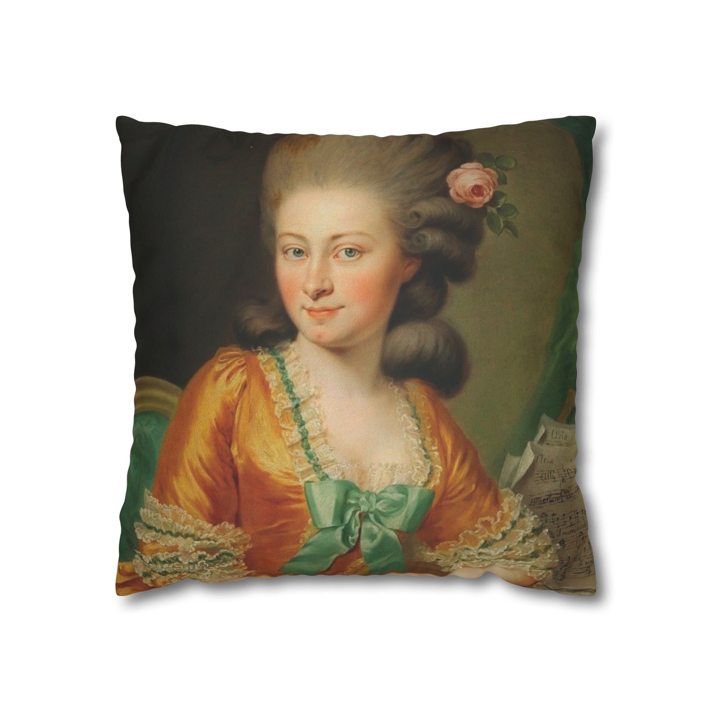 Elegant square pillowcase featuring an 18th-century portrait of a refined lady, perfect for classical home decor. 