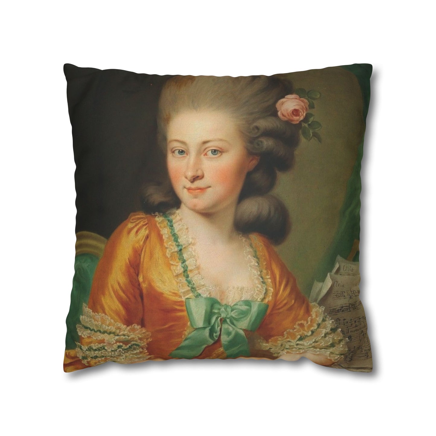 Elegant square pillowcase featuring an 18th-century portrait of a refined lady, perfect for classical home decor. 