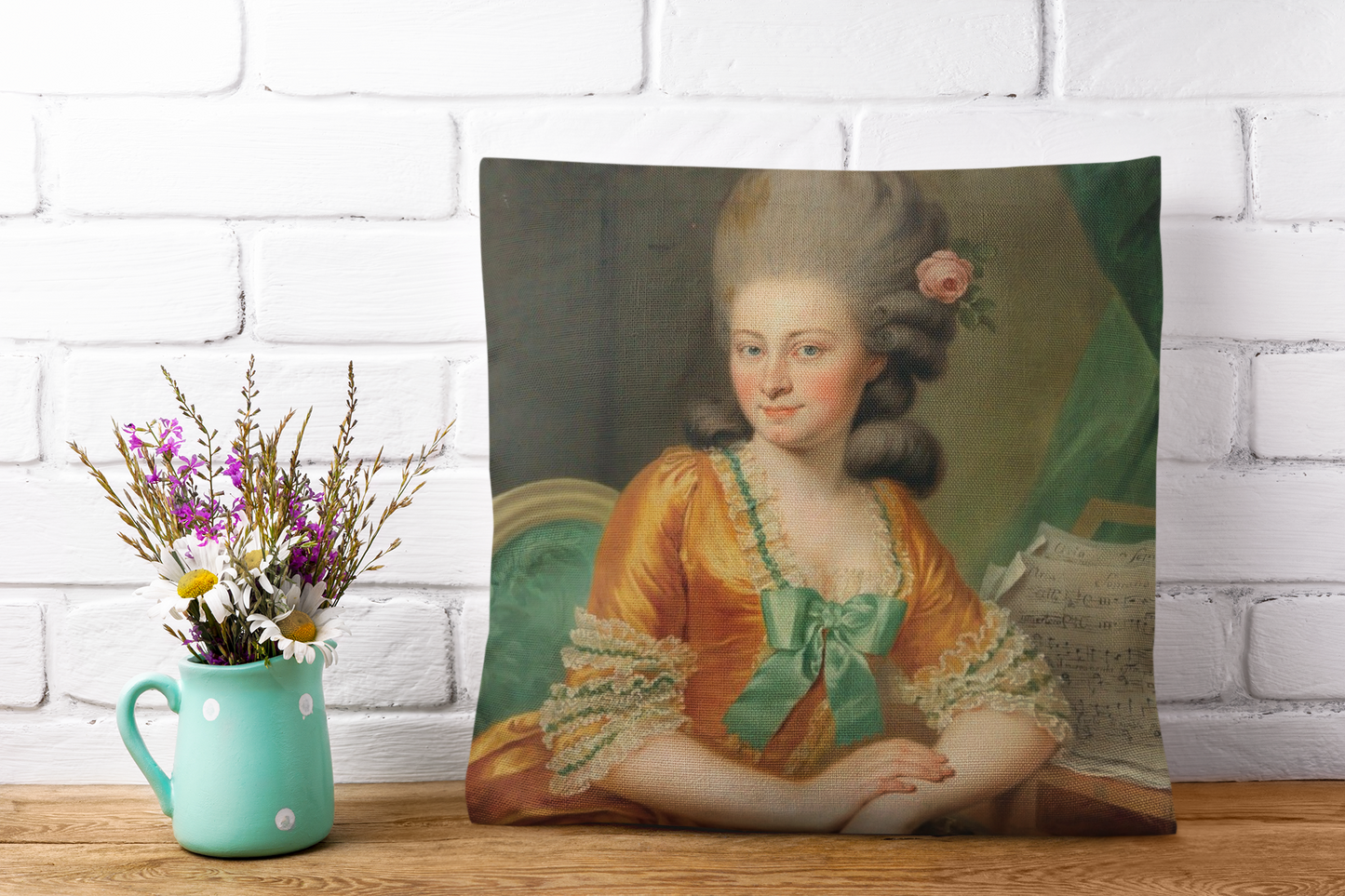 Elegant square pillowcase featuring an 18th-century portrait of a refined lady, perfect for classical home decor. 