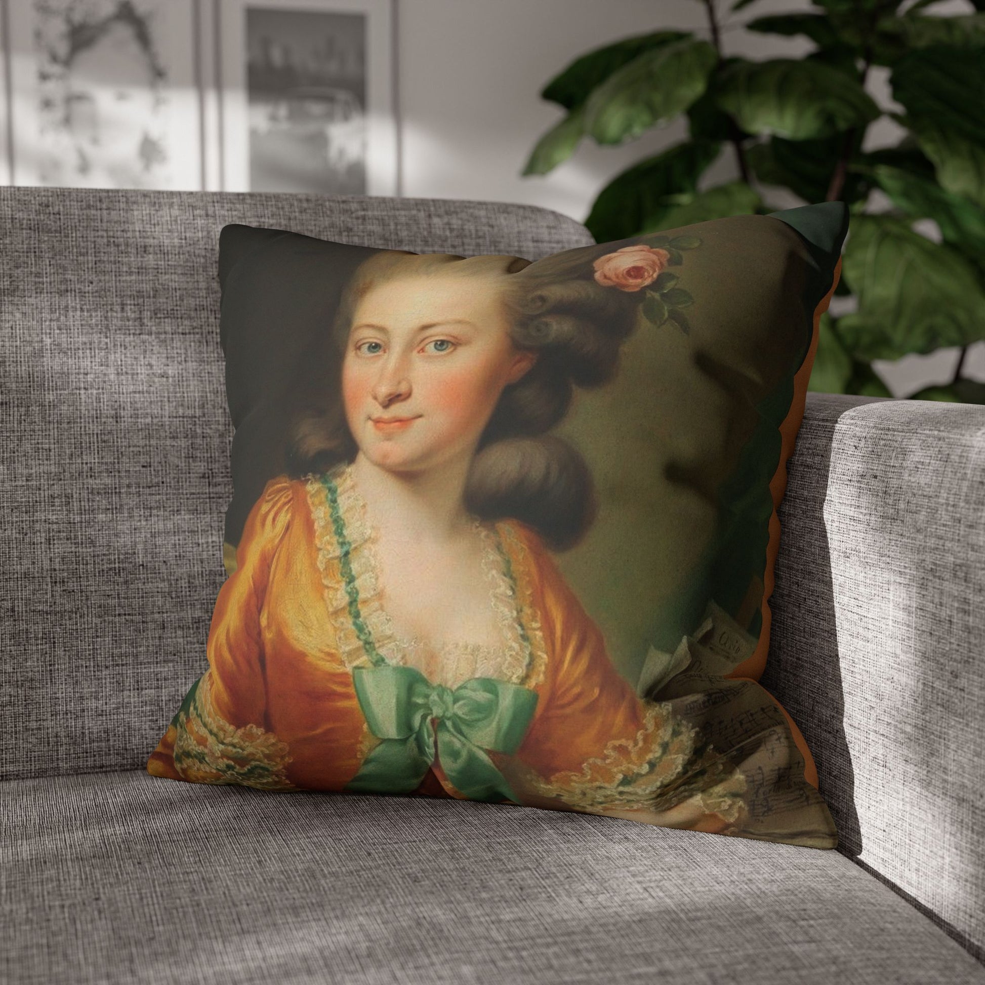 Elegant square pillowcase featuring an 18th-century portrait of a refined lady, perfect for classical home decor. 