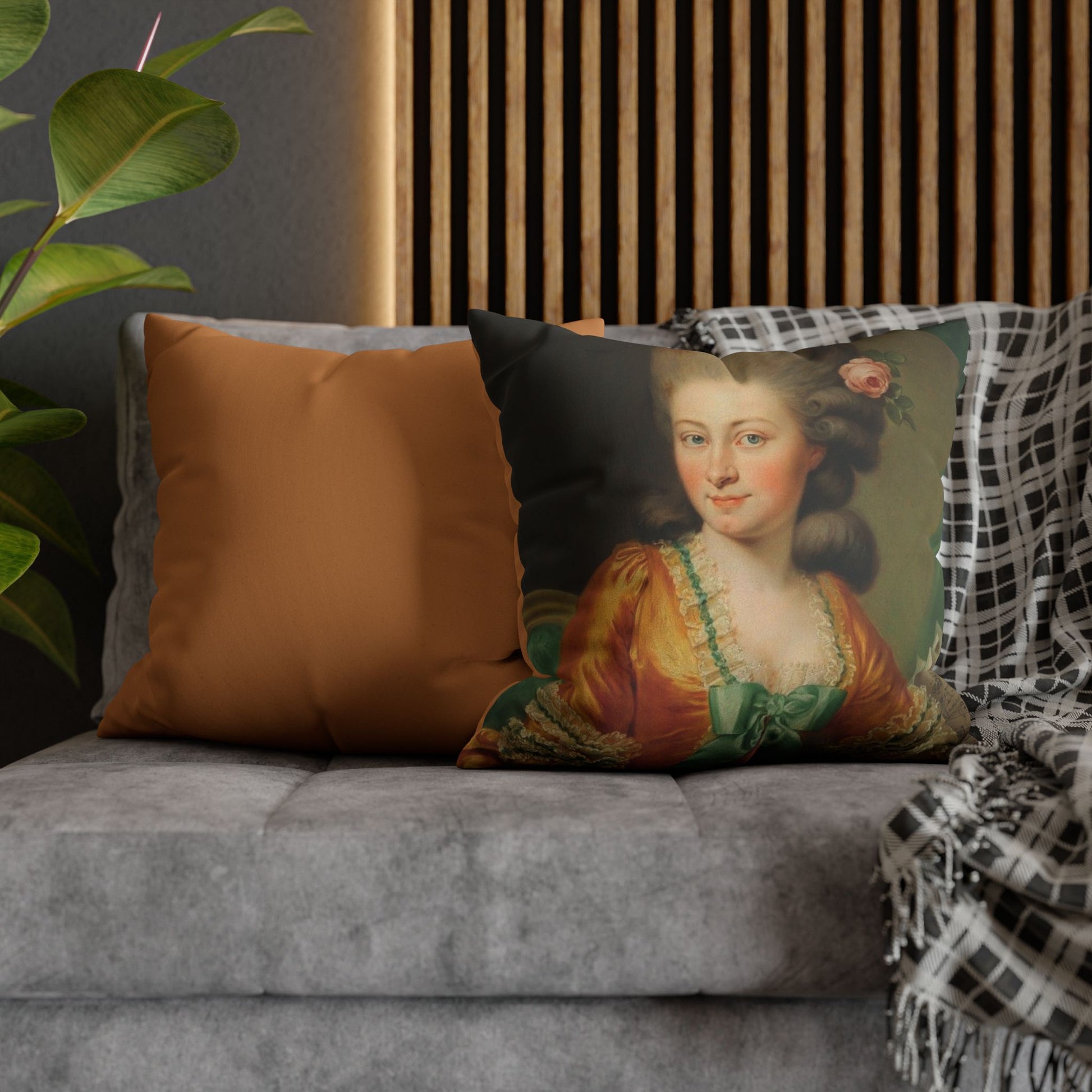 Elegant square pillowcase featuring an 18th-century portrait of a refined lady, perfect for classical home decor. 