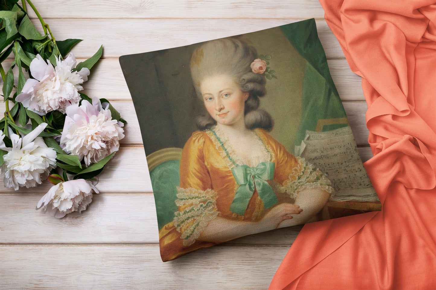 Elegant square pillowcase featuring an 18th-century portrait of a refined lady, perfect for classical home decor. 