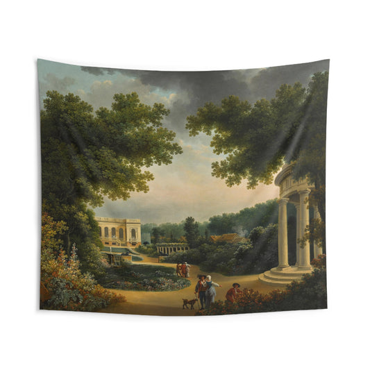 Transport yourself to an 18th-century French formal garden with this beautiful wall tapestry featuring figures by a rotunda and a villa beyond. Perfect for adding a touch of vintage elegance to your home decor, this tapestry is a must-have for art lovers and history enthusiasts. 