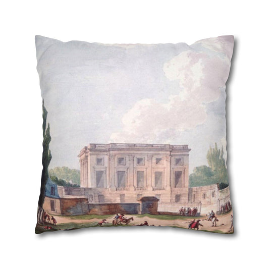 A decorative throw pillow featuring an 18th Century watercolor painting of the Petit Trianon, Marie Antoinette's palace in Versailles.