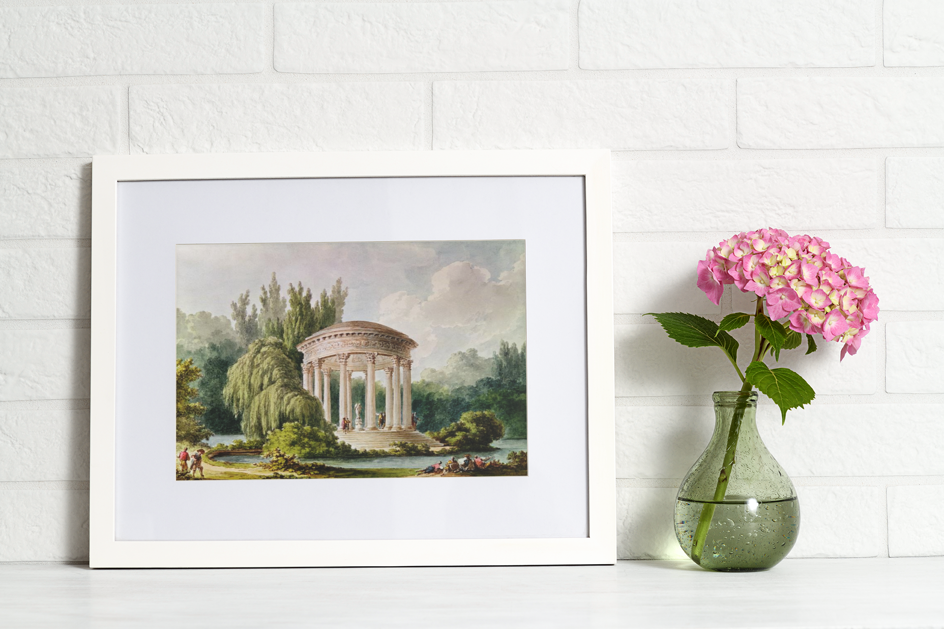 Transport yourself to the beauty of Marie Antoinette's private chateau with this exquisite 18th century watercolor fine art print "Views of the Temple of Love" in the gardens of the Petit Trianon in Versailles.