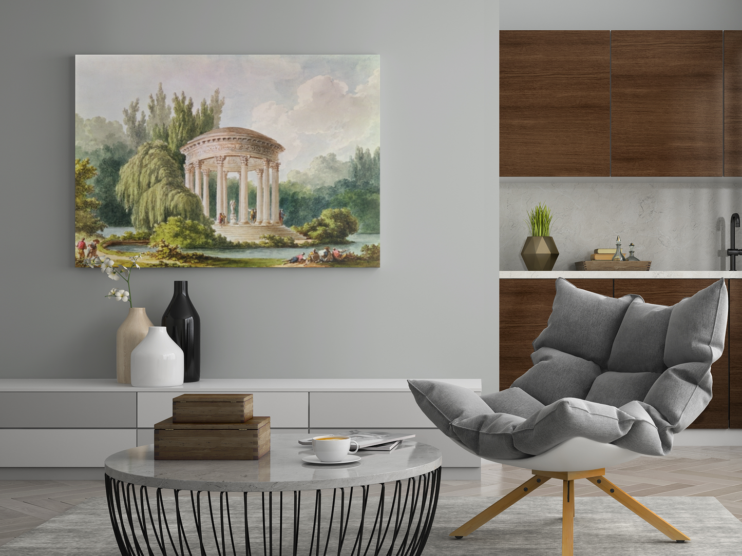 Transport yourself to the beauty of Marie Antoinette's private chateau with this exquisite 18th century watercolor fine art print "Views of the Temple of Love" in the gardens of the Petit Trianon in Versailles.