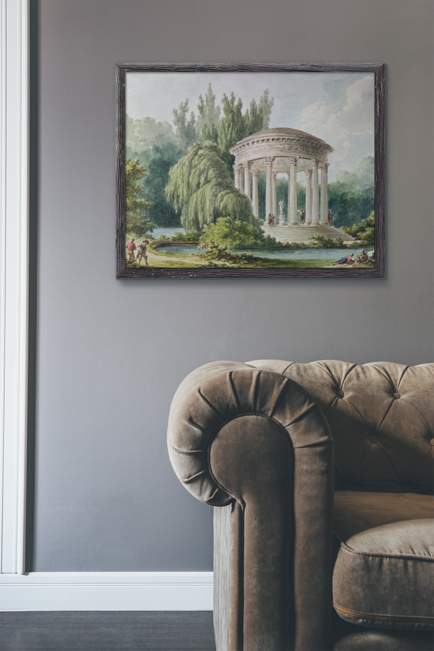 Transport yourself to the beauty of Marie Antoinette's private chateau with this exquisite 18th century watercolor fine art print "Views of the Temple of Love" in the gardens of the Petit Trianon in Versailles.