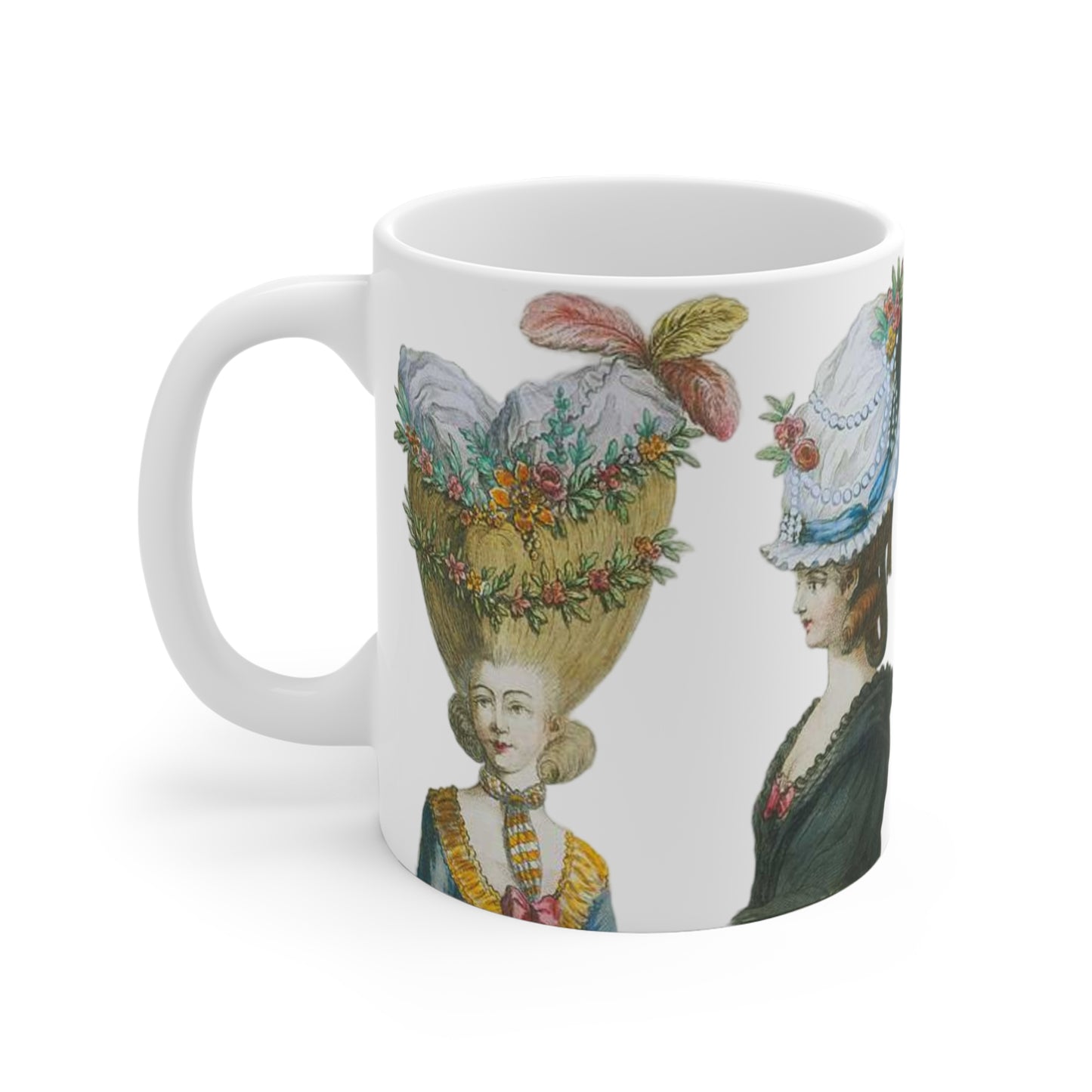 Elegant and vintage-inspired mug featuring 18th Century French Fashion Print with Rococo hairstyles and headdresses. Perfect for those who appreciate classic fashion and history. 