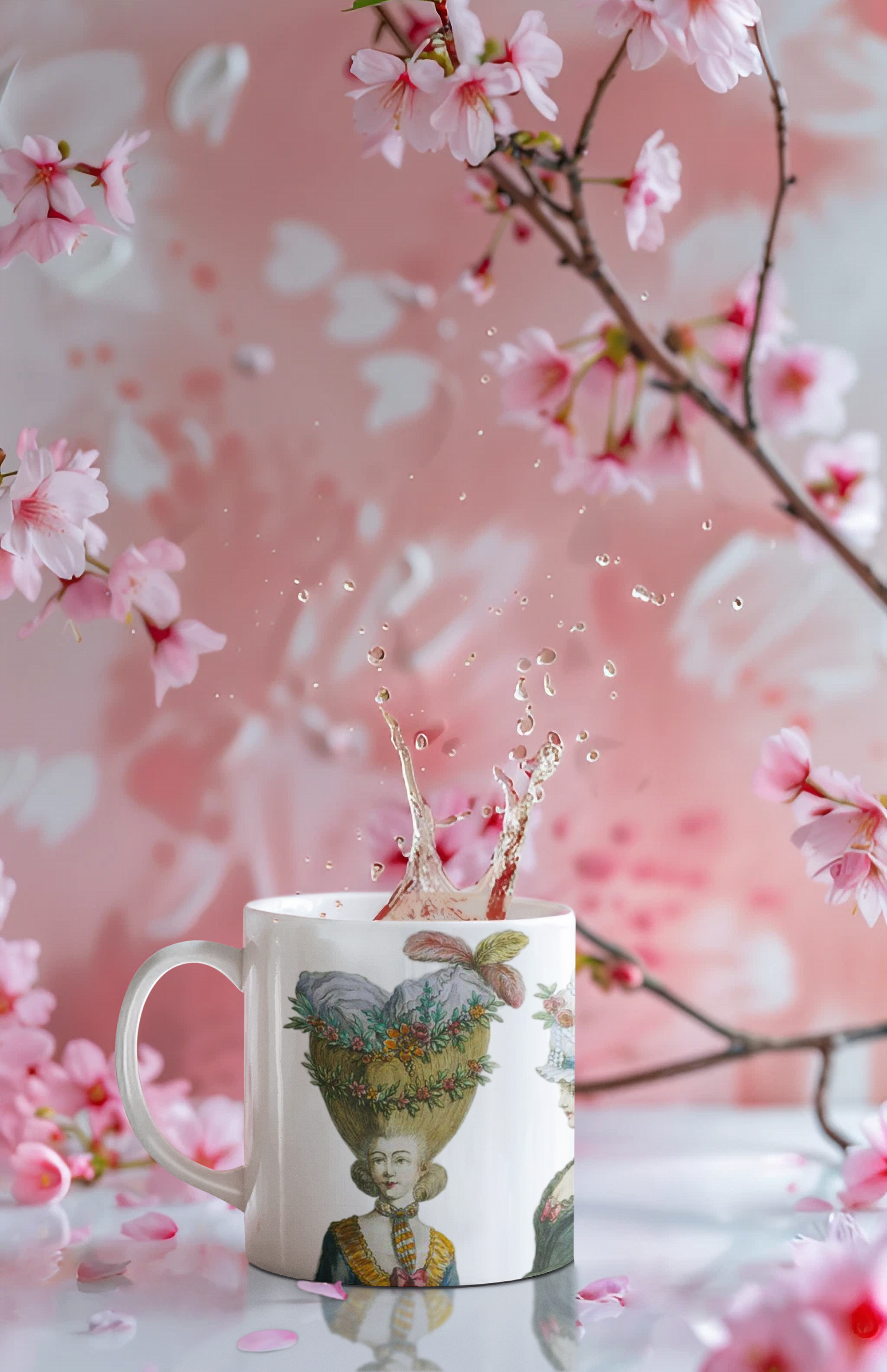 Elegant and vintage-inspired mug featuring 18th Century French Fashion Print with Rococo hairstyles and headdresses. Perfect for those who appreciate classic fashion and history. 