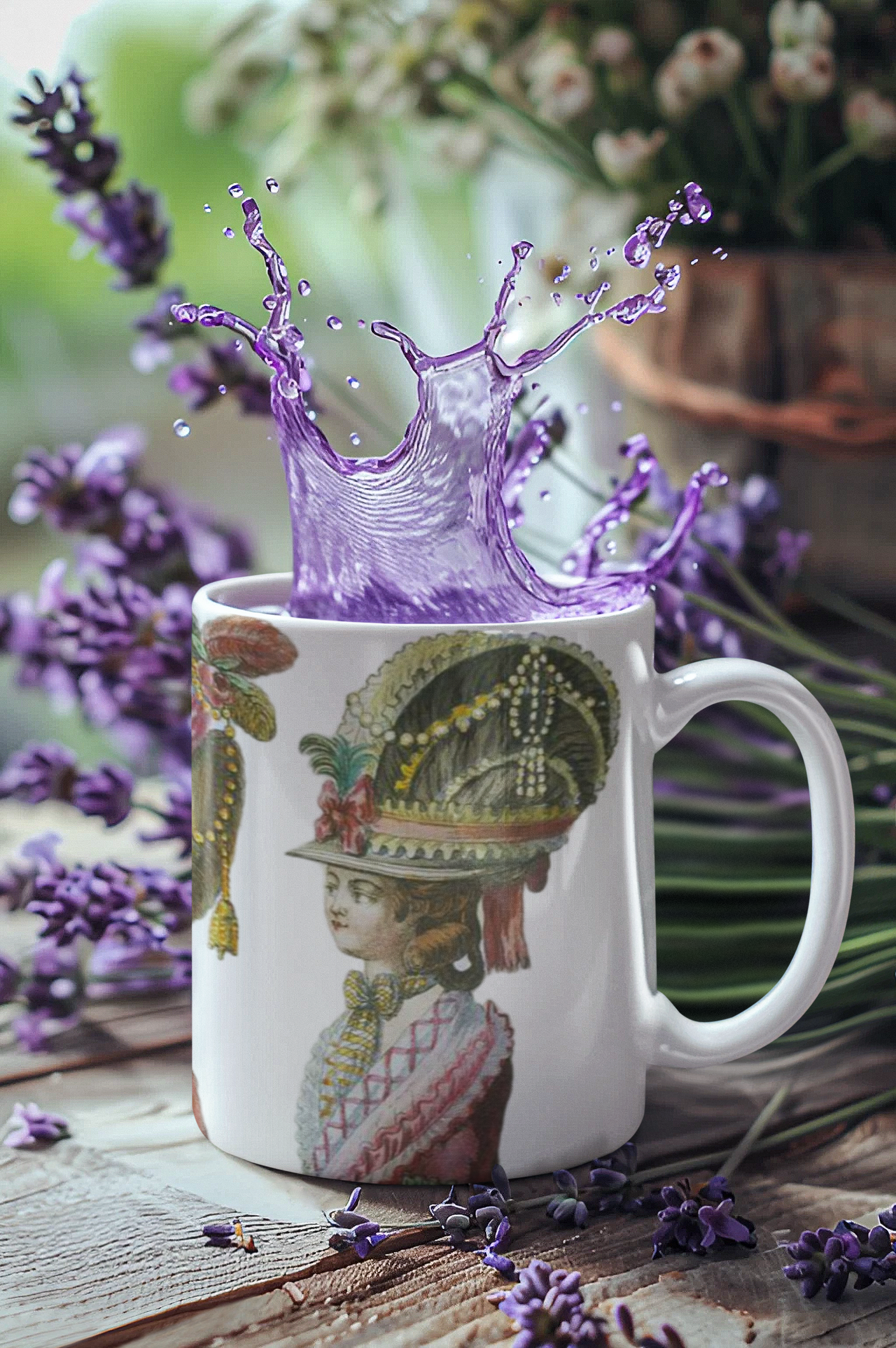 Elegant and vintage-inspired mug featuring 18th Century French Fashion Print with Rococo hairstyles and headdresses. Perfect for those who appreciate classic fashion and history. 