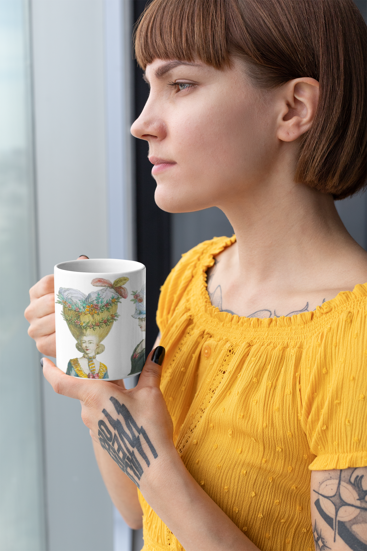 Elegant and vintage-inspired mug featuring 18th Century French Fashion Print with Rococo hairstyles and headdresses. Perfect for those who appreciate classic fashion and history. 