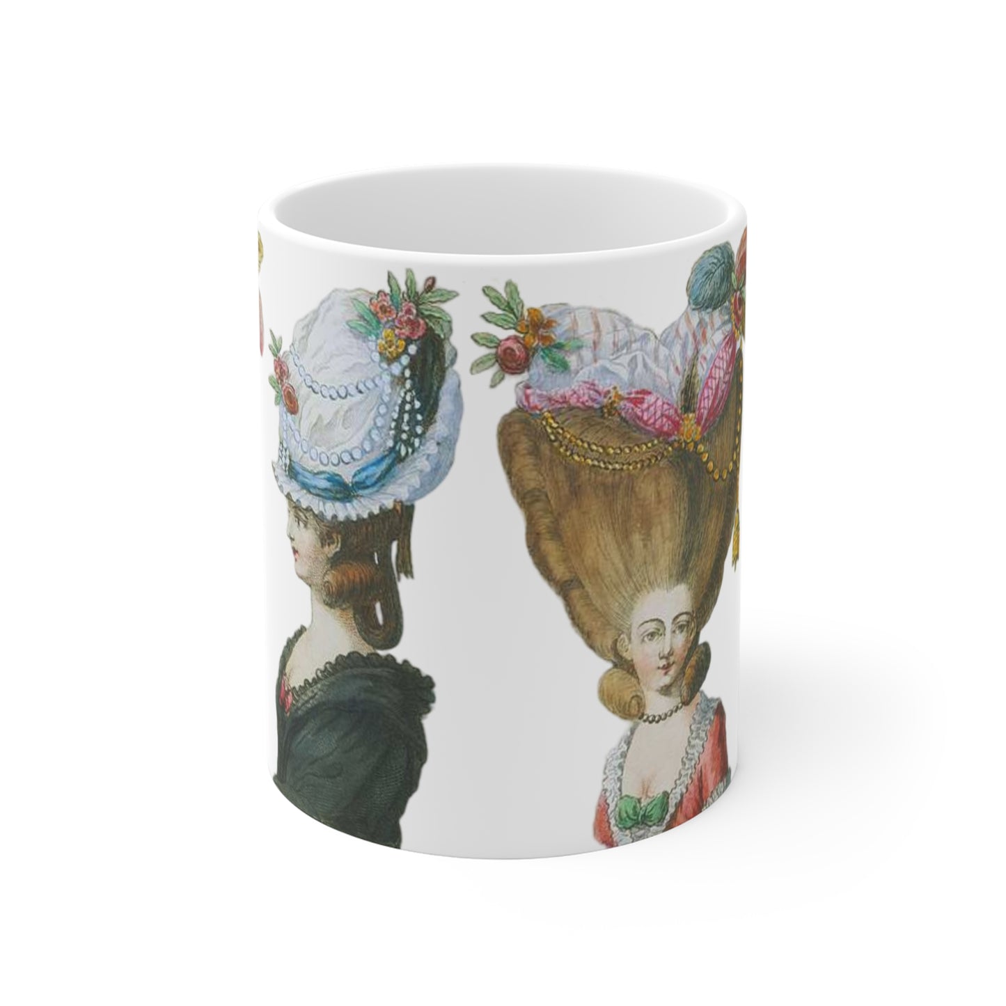 Elegant and vintage-inspired mug featuring 18th Century French Fashion Print with Rococo hairstyles and headdresses. Perfect for those who appreciate classic fashion and history. 