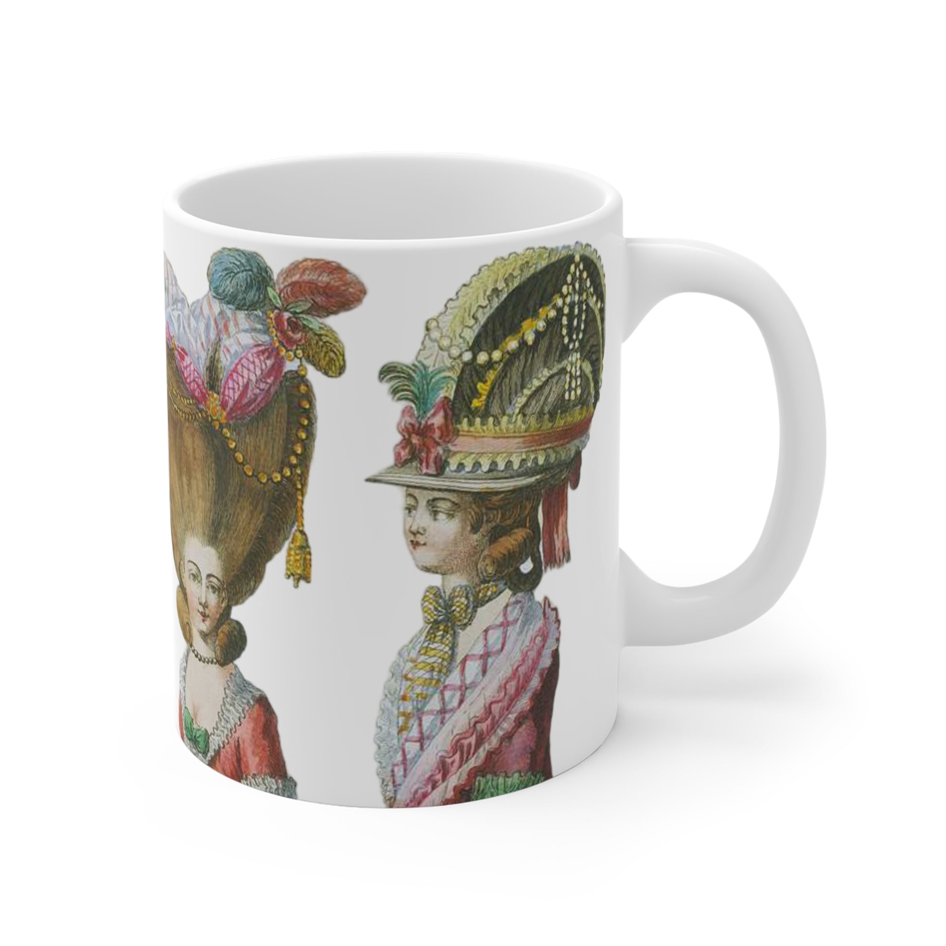 Elegant and vintage-inspired mug featuring 18th Century French Fashion Print with Rococo hairstyles and headdresses. Perfect for those who appreciate classic fashion and history. 