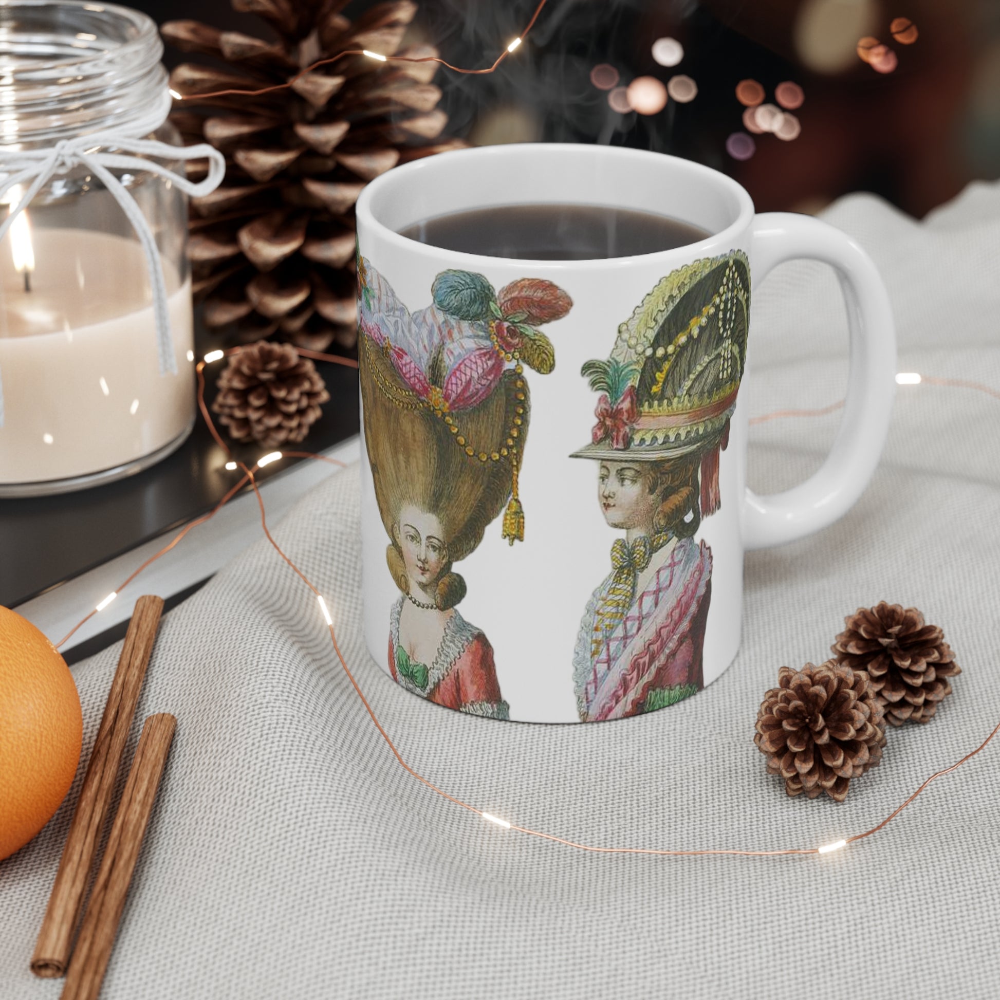 Elegant and vintage-inspired mug featuring 18th Century French Fashion Print with Rococo hairstyles and headdresses. Perfect for those who appreciate classic fashion and history. 