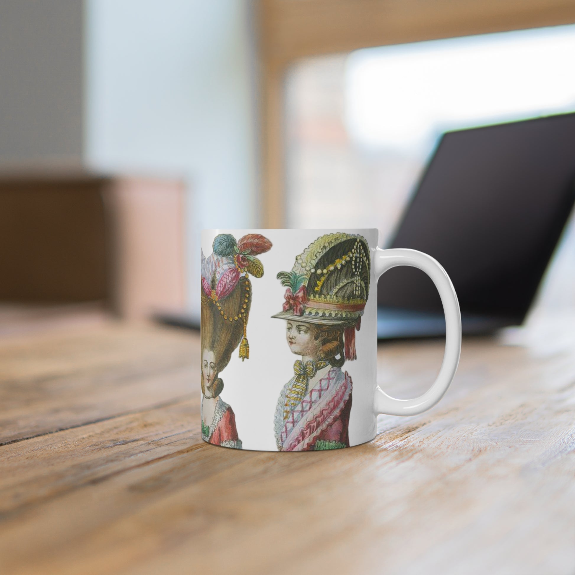 Elegant and vintage-inspired mug featuring 18th Century French Fashion Print with Rococo hairstyles and headdresses. Perfect for those who appreciate classic fashion and history. 