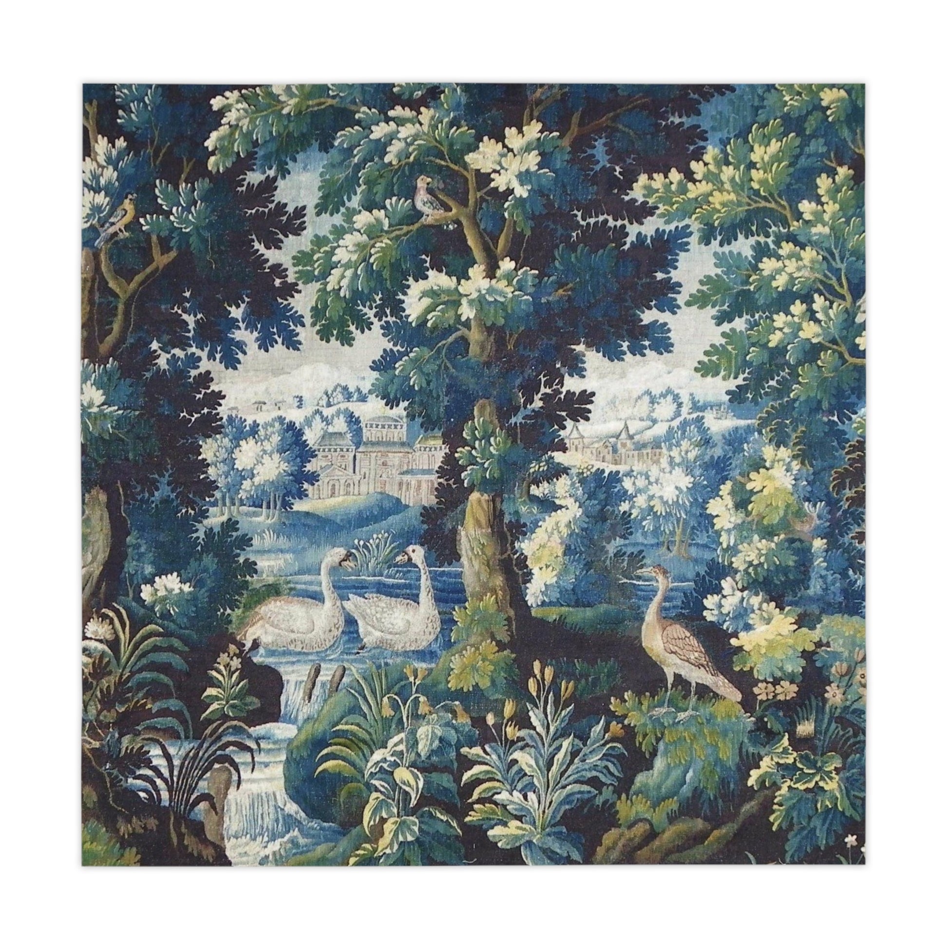 Elevate your dining experience with this elegant tablecloth featuring a 17th century French Aubusson verdure tapestry design.