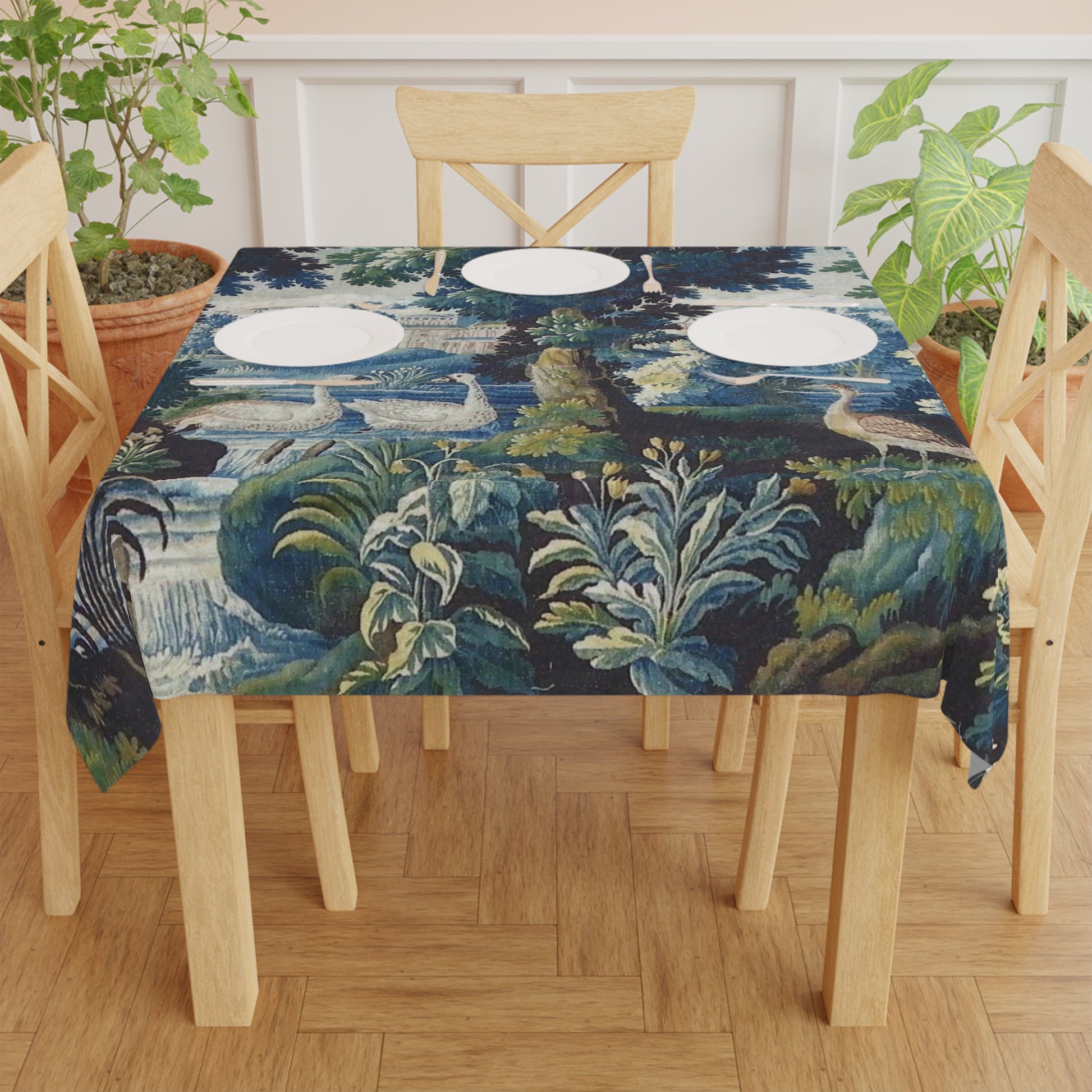 Elevate your dining experience with this elegant tablecloth featuring a 17th century French Aubusson verdure tapestry design.