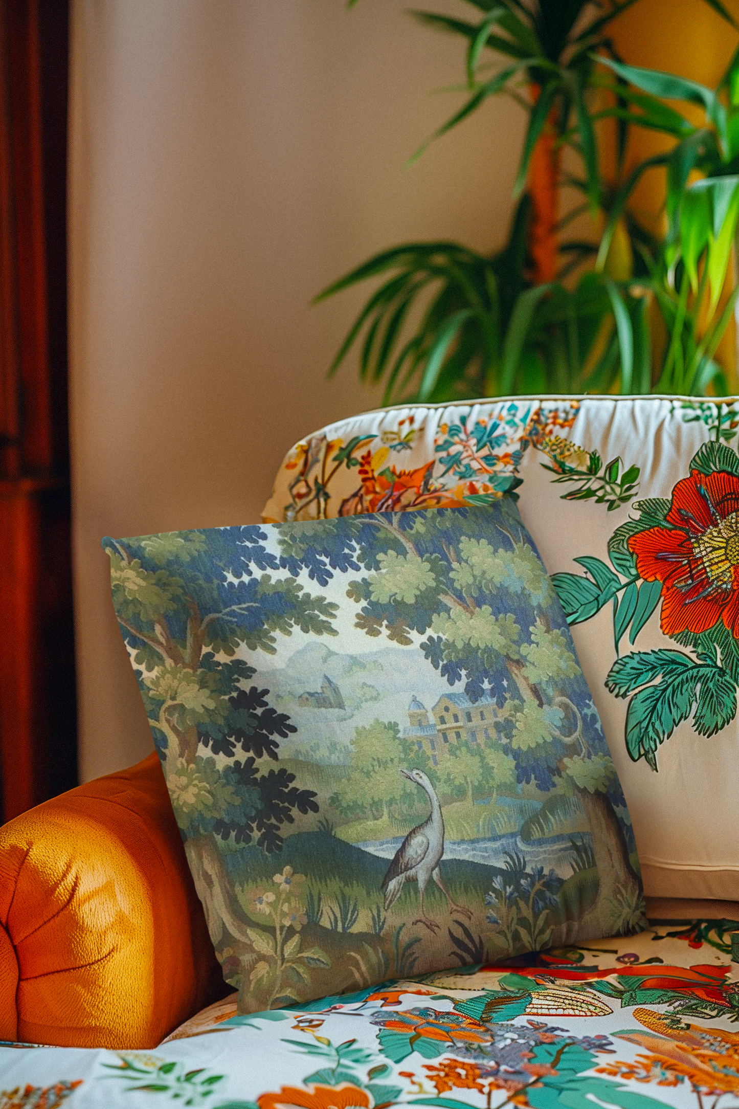 Transport yourself to a serene 19th-century French garden with this stunning Verdure Aubusson Tapestry Pillow Cushion inspired by 19th-century design.