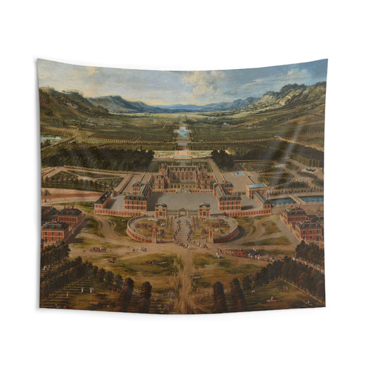 Elevate your living space with this elegant 17th century French wall tapestry of the Palace of Versailles. Perfect for antique style enthusiasts, this tapestry adds a touch of chic and vintage charm to any room. Ideal for those looking to personalize their home decor with a unique and historic design.