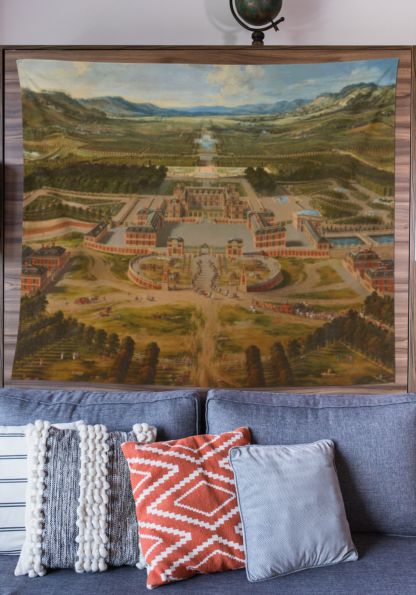 Elevate your living space with this elegant 17th century French wall tapestry of the Palace of Versailles. Perfect for antique style enthusiasts, this tapestry adds a touch of chic and vintage charm to any room. Ideal for those looking to personalize their home decor with a unique and historic design.