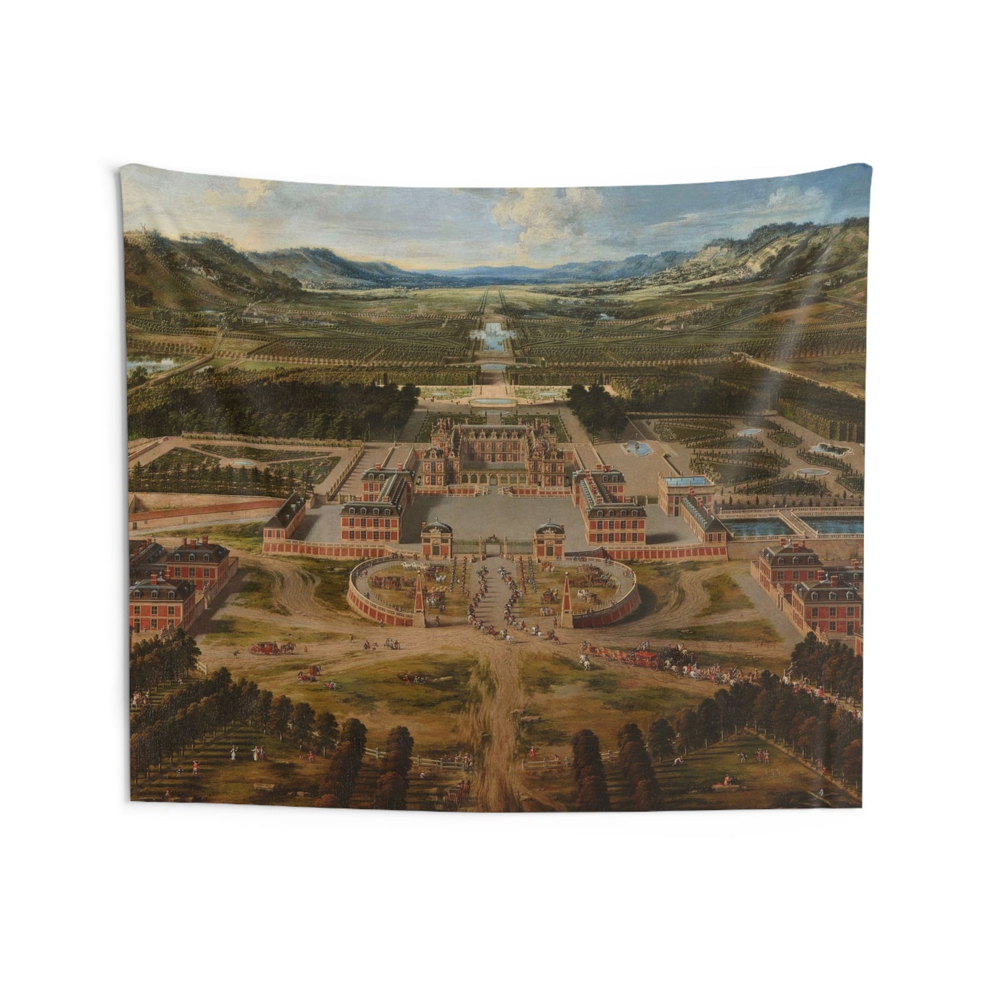 Elevate your living space with this elegant 17th century French wall tapestry of the Palace of Versailles. Perfect for antique style enthusiasts, this tapestry adds a touch of chic and vintage charm to any room. Ideal for those looking to personalize their home decor with a unique and historic design.