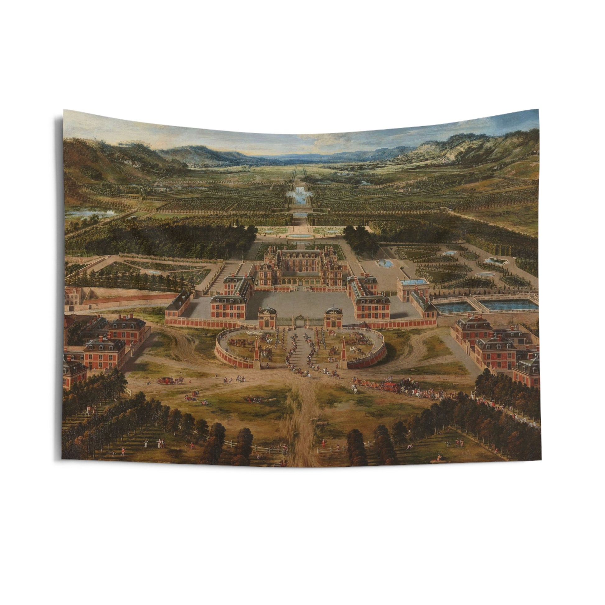 Elevate your living space with this elegant 17th century French wall tapestry of the Palace of Versailles. Perfect for antique style enthusiasts, this tapestry adds a touch of chic and vintage charm to any room. Ideal for those looking to personalize their home decor with a unique and historic design.