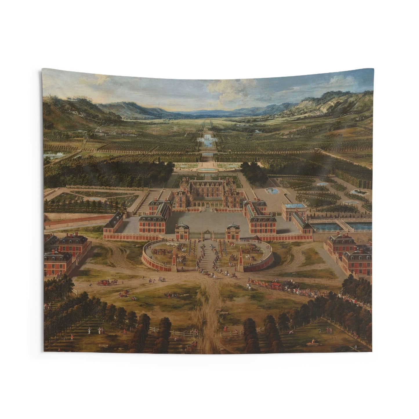 Elevate your living space with this elegant 17th century French wall tapestry of the Palace of Versailles. Perfect for antique style enthusiasts, this tapestry adds a touch of chic and vintage charm to any room. Ideal for those looking to personalize their home decor with a unique and historic design.