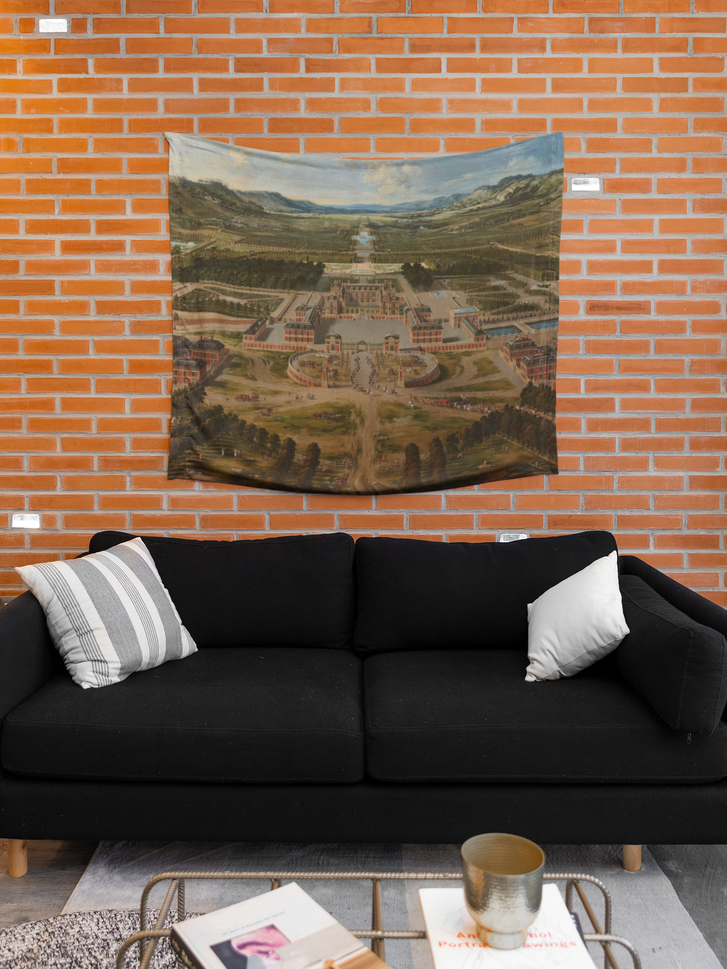 Elevate your living space with this elegant 17th century French wall tapestry of the Palace of Versailles. Perfect for antique style enthusiasts, this tapestry adds a touch of chic and vintage charm to any room wall hanging decor.