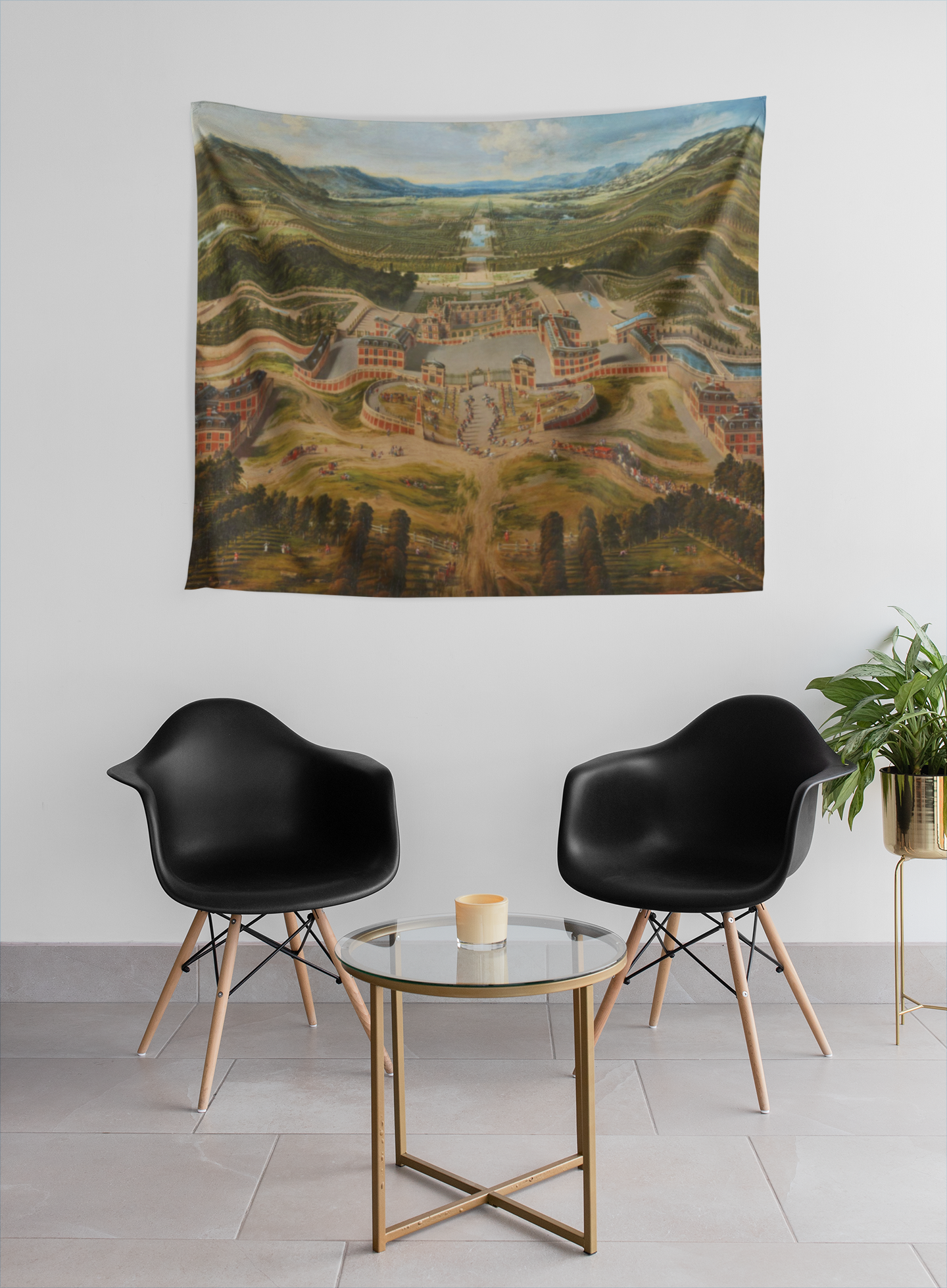 Elevate your living space with this elegant 17th century French wall tapestry of the Palace of Versailles. Perfect for antique style enthusiasts, this tapestry adds a touch of chic and vintage charm to any room. Ideal for those looking to personalize their home decor with a unique and historic design.