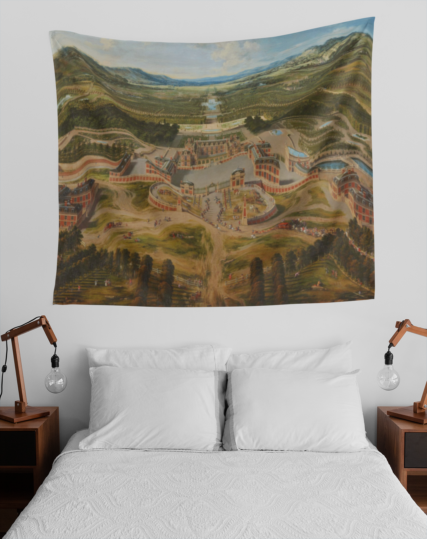 Elevate your living space with this elegant 17th century French wall tapestry of the Palace of Versailles. Perfect for antique style enthusiasts, this tapestry adds a touch of chic and vintage charm to any room. Ideal for those looking to personalize their home decor with a unique and historic design.