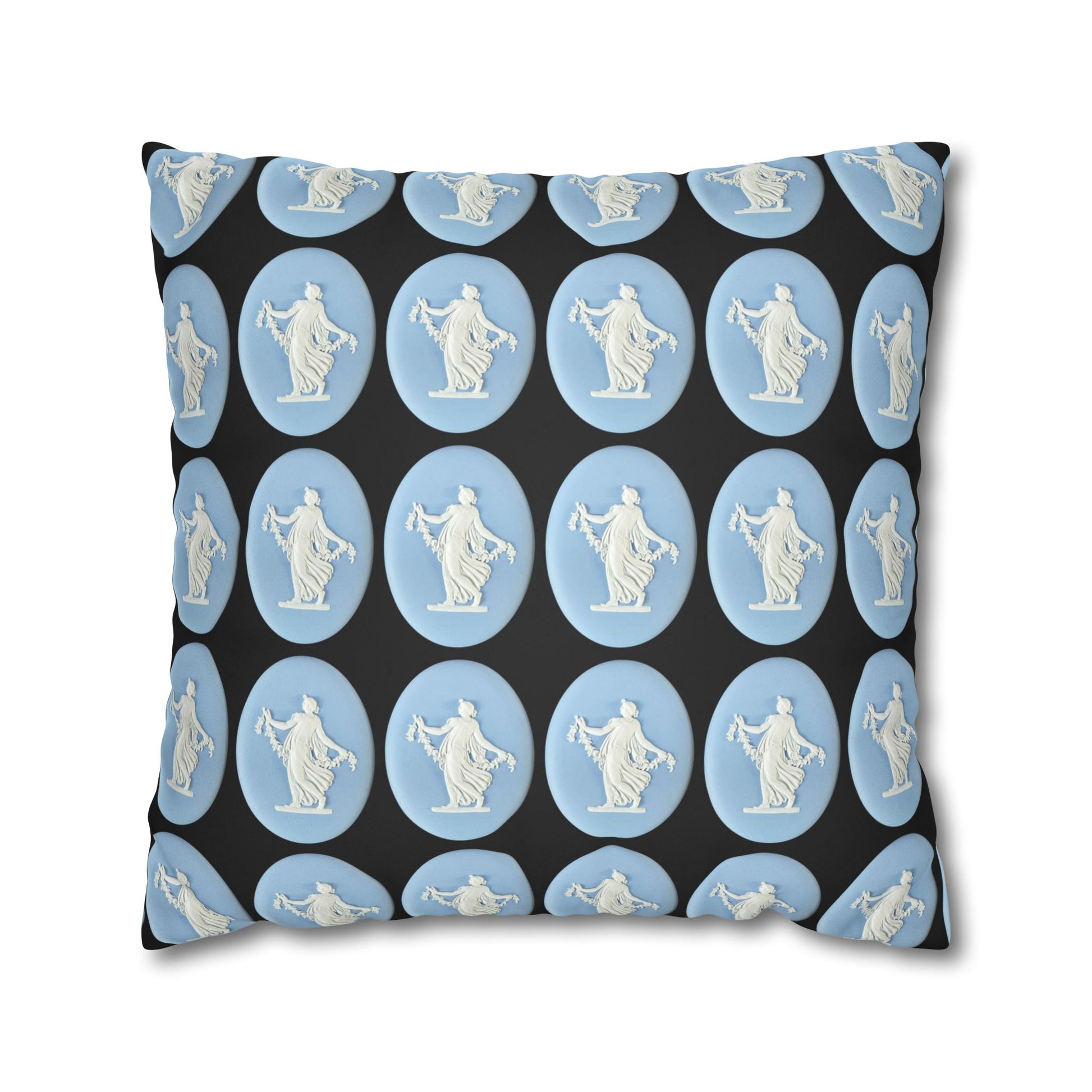 Elegant faux suede pillowcase featuring a Wedgwood-inspired design with 19th-century Dancing Hours Lady blue jasperware plaques. Perfect for adding a touch of vintage charm to your home decor.