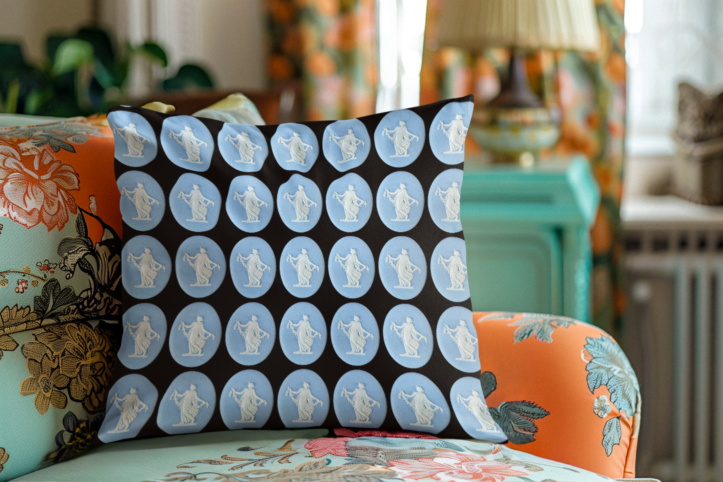 Elegant faux suede pillowcase featuring a Wedgwood-inspired design with 19th-century Dancing Hours Lady blue jasperware plaques. Perfect for adding a touch of vintage charm to your home decor.