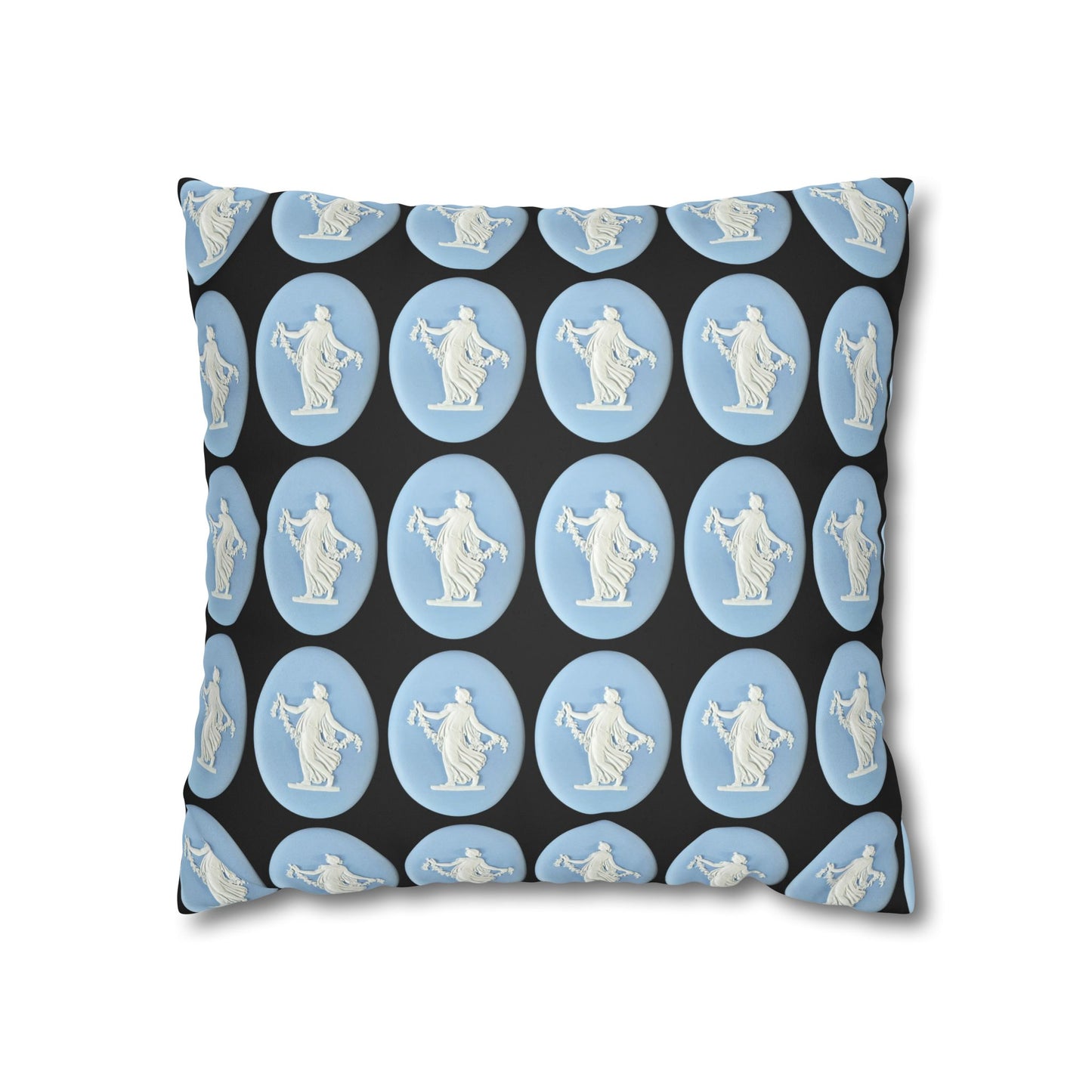 Elegant faux suede pillowcase featuring a Wedgwood-inspired design with 19th-century Dancing Hours Lady blue jasperware plaques. Perfect for adding a touch of vintage charm to your home decor.