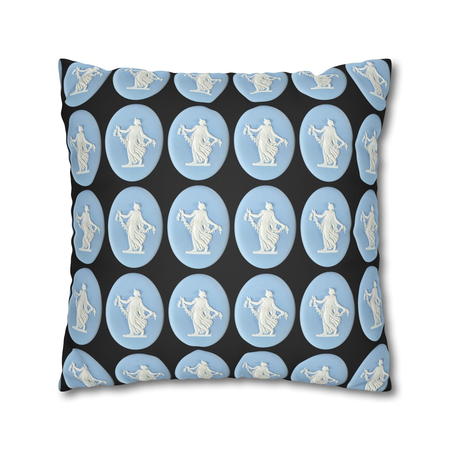 Elegant faux suede pillowcase featuring a Wedgwood-inspired design with 19th-century Dancing Hours Lady blue jasperware plaques. Perfect for adding a touch of vintage charm to your home decor.