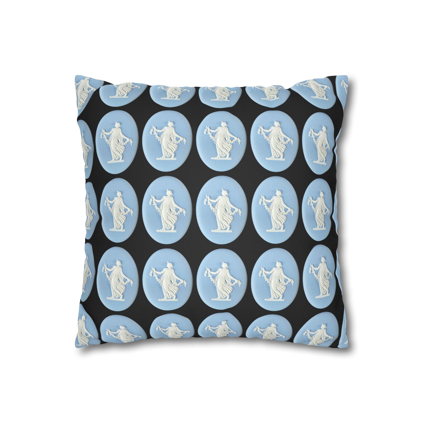 Elegant faux suede pillowcase featuring a Wedgwood-inspired design with 19th-century Dancing Hours Lady blue jasperware plaques. Perfect for adding a touch of vintage charm to your home decor.