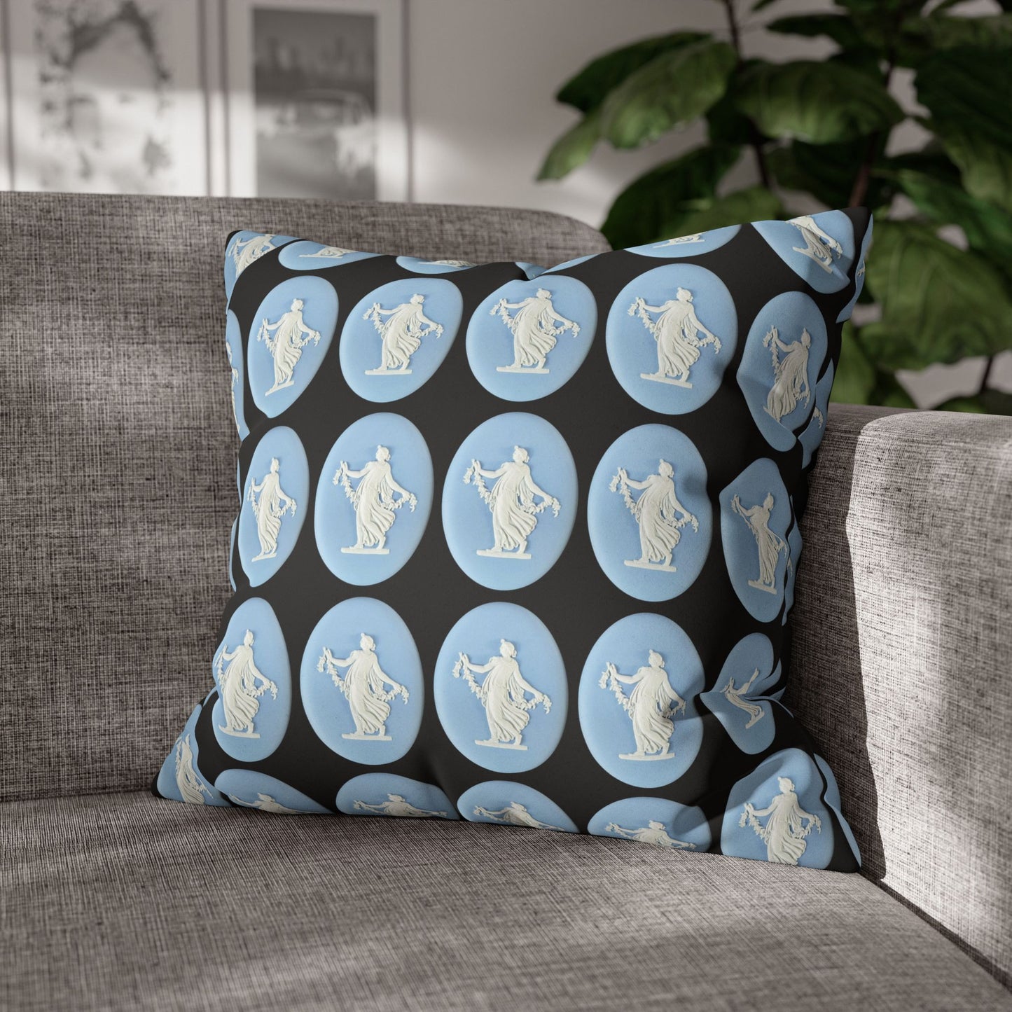 Elegant faux suede pillowcase featuring a Wedgwood-inspired design with 19th-century Dancing Hours Lady blue jasperware plaques. Perfect for adding a touch of vintage charm to your home decor.