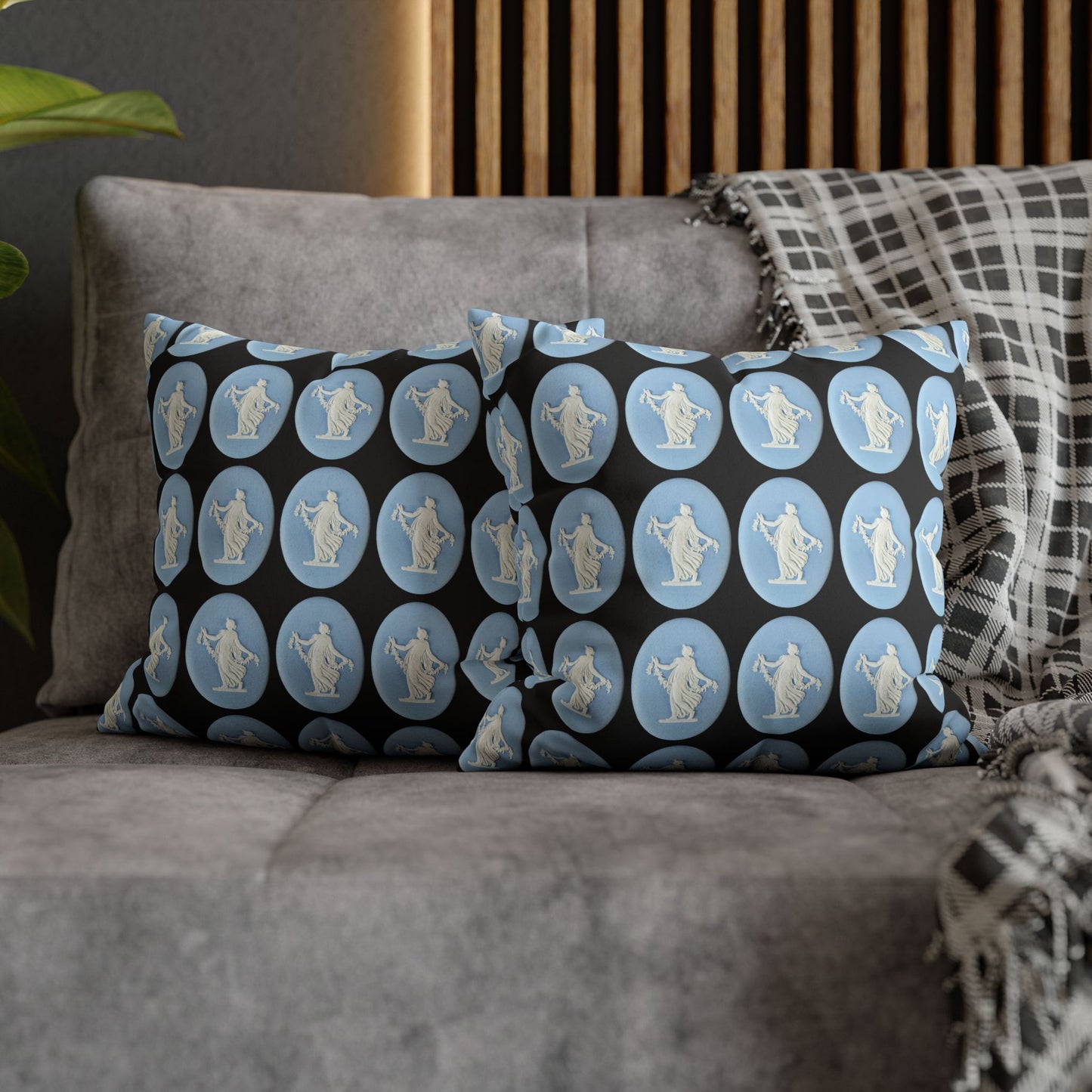 Elegant faux suede pillowcase featuring a Wedgwood-inspired design with 19th-century Dancing Hours Lady blue jasperware plaques. Perfect for adding a touch of vintage charm to your home decor.