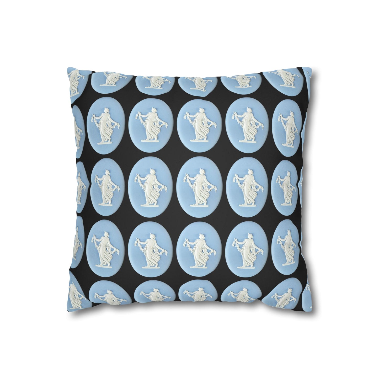 Elegant faux suede pillowcase featuring a Wedgwood-inspired design with 19th-century Dancing Hours Lady blue jasperware plaques. Perfect for adding a touch of vintage charm to your home decor.