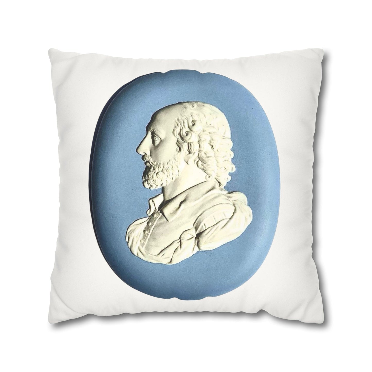 Wedgwood-inspired pillow featuring a jasperware plaque of William Shakespeare. This elegant and literary pillowcase adds a touch of classic sophistication to your home decor. 