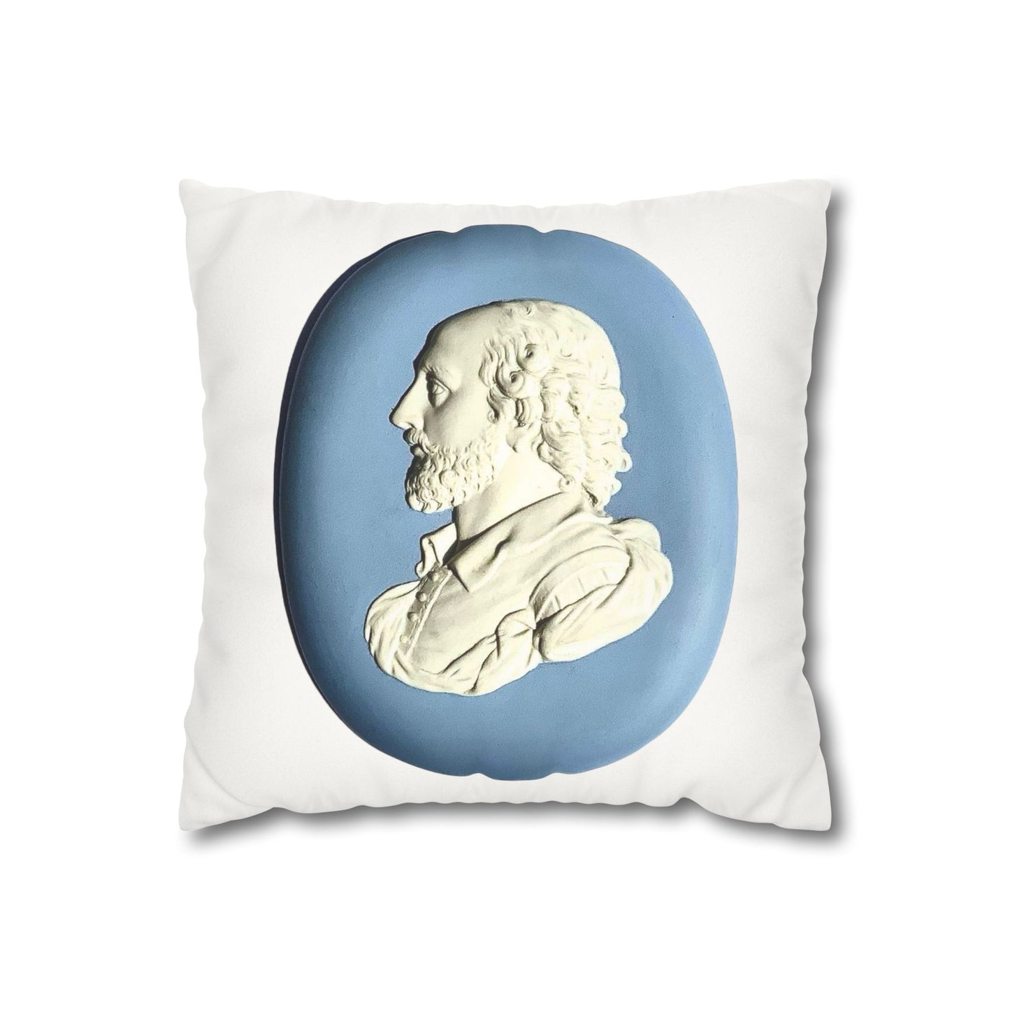 Wedgwood-inspired pillow featuring a jasperware plaque of William Shakespeare. This elegant and literary pillowcase adds a touch of classic sophistication to your home decor. 