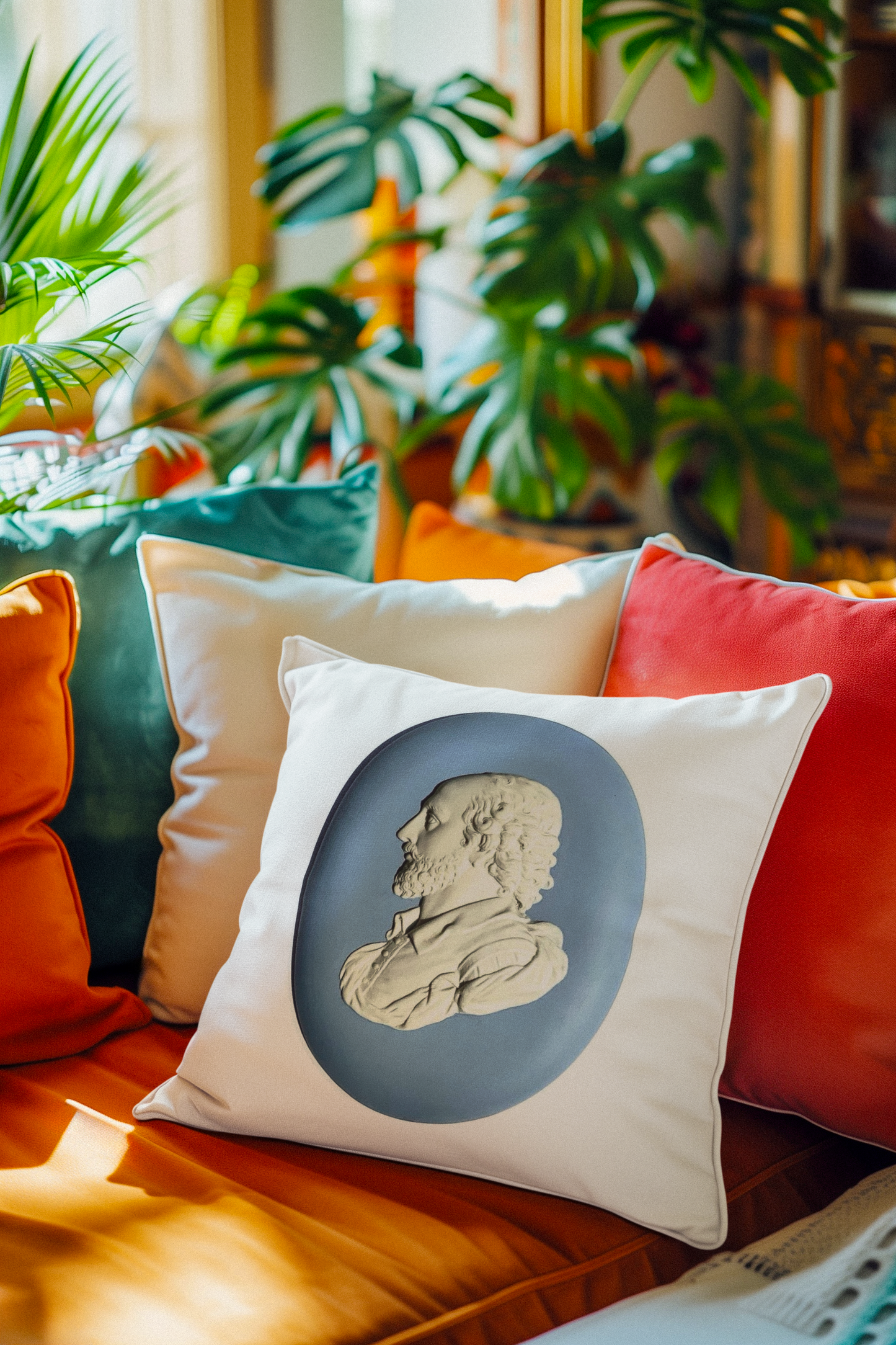 Wedgwood-inspired pillow featuring a jasperware plaque of William Shakespeare. This elegant and literary pillowcase adds a touch of classic sophistication to your home decor. 