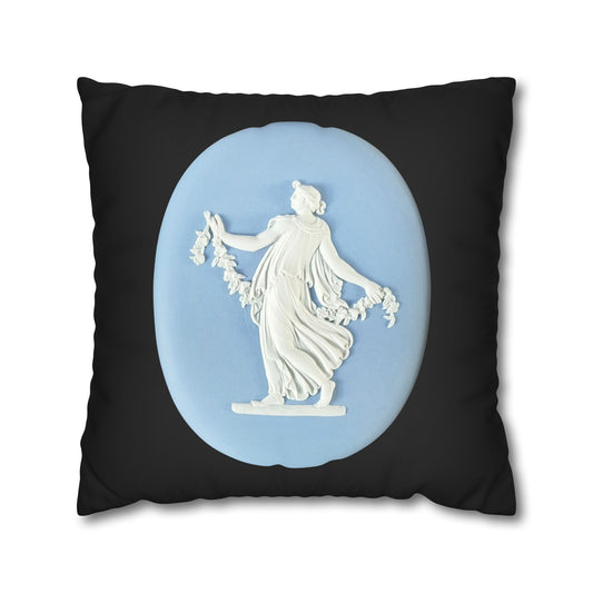 Elegant faux suede pillowcase featuring a Wedgwood-inspired design with a 19th-century Dancing Hours Lady blue jasperware plaque. Perfect for adding a touch of vintage charm to your home decor.