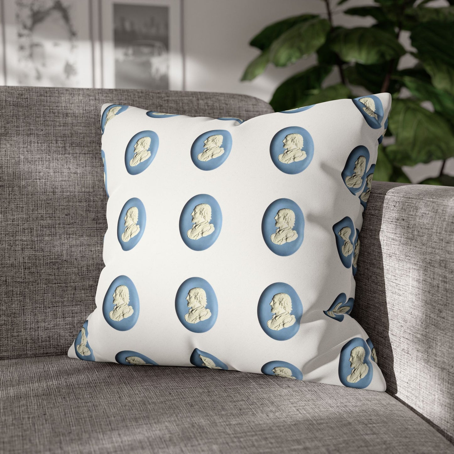 Wedgwood-inspired pillow featuring an 18th century jasperware plaque of William Shakespeare. This elegant and literary pillowcase adds a touch of classic sophistication to your home decor.