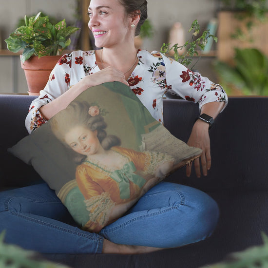 Elegant square throw pillow featuring an 18th-century portrait of a refined lady, perfect for classical home decor. This cushion adds a touch of sophistication and vintage charm to any living space. Ideal for those who enjoy historical and elegant home accessories. 