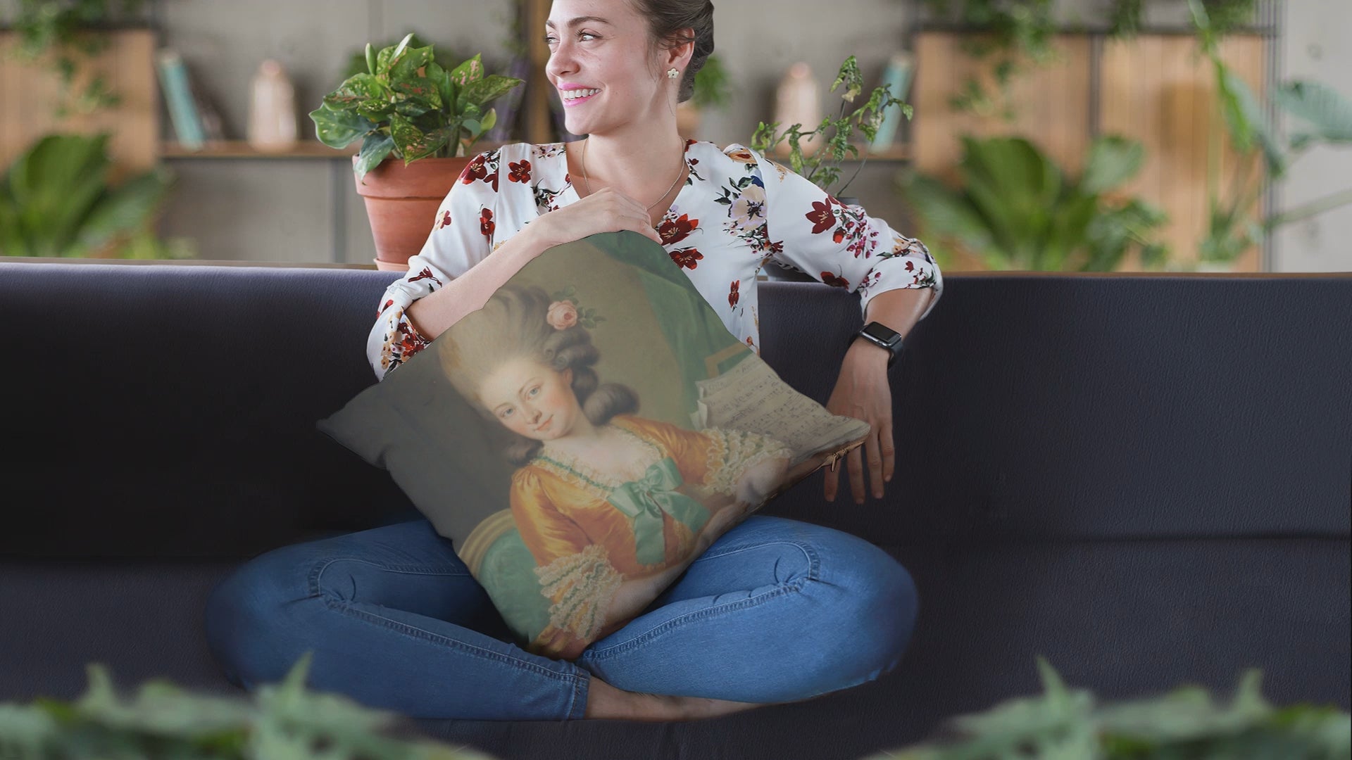 Elegant square throw pillow featuring an 18th-century portrait of a refined lady, perfect for classical home decor. This cushion adds a touch of sophistication and vintage charm to any living space. Ideal for those who enjoy historical and elegant home accessories. 