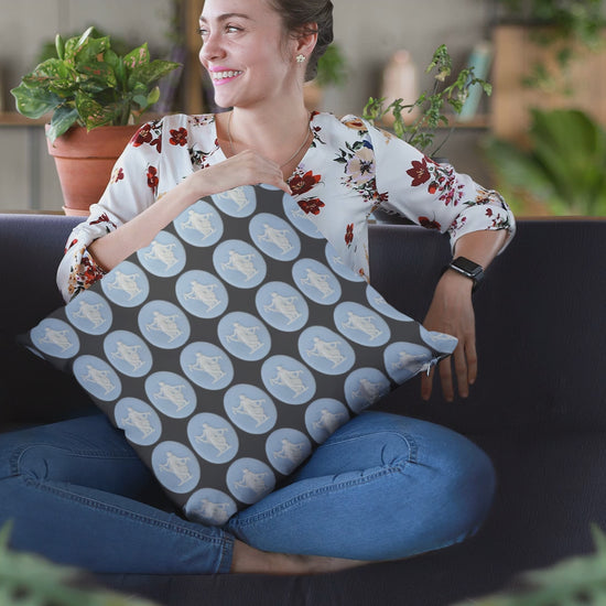 Elegant faux suede pillowcase featuring a Wedgwood-inspired design with 19th-century Dancing Hours Lady blue jasperware plaques. Perfect for adding a touch of vintage charm to your home decor.