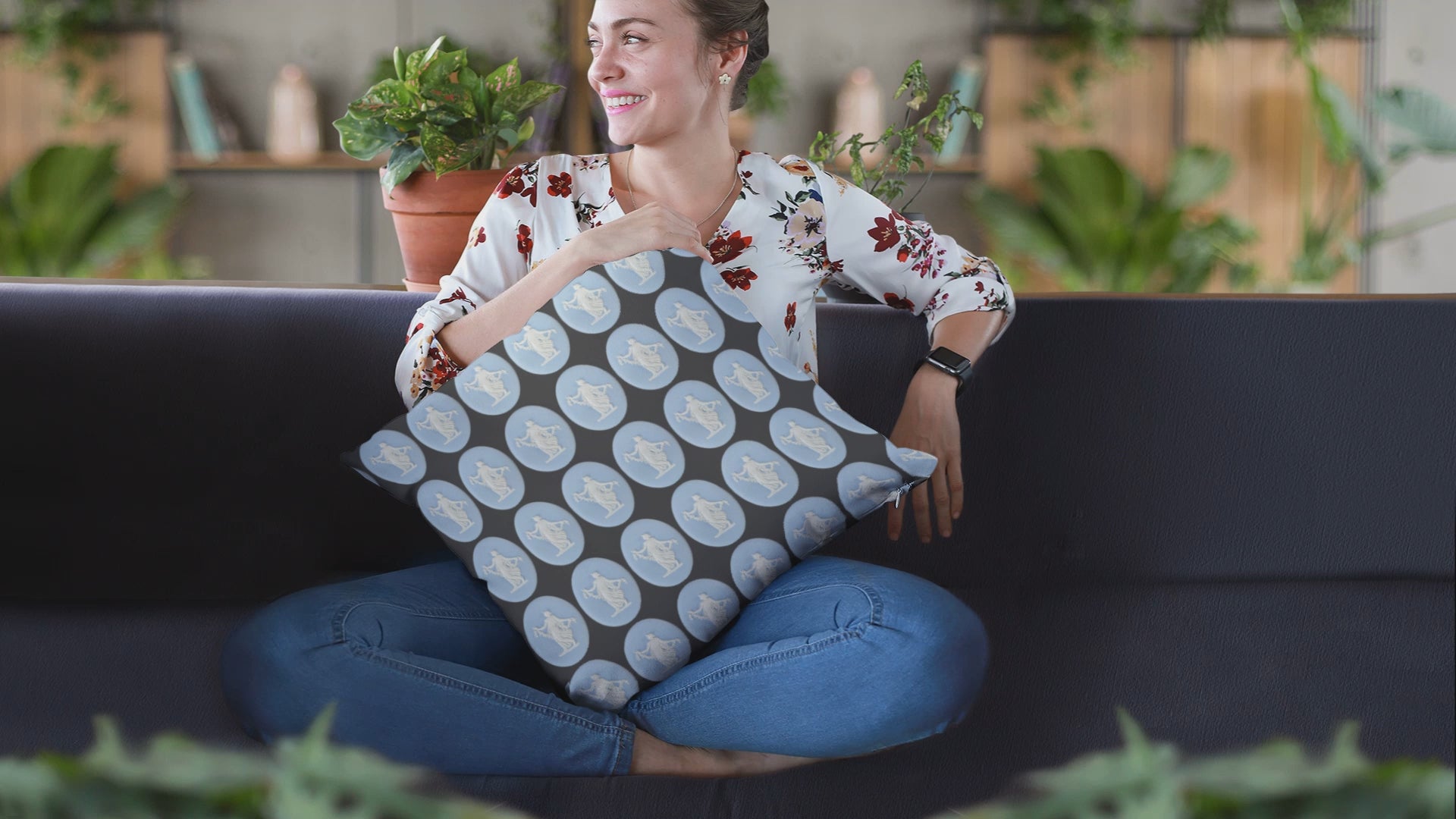 Elegant faux suede pillowcase featuring a Wedgwood-inspired design with 19th-century Dancing Hours Lady blue jasperware plaques. Perfect for adding a touch of vintage charm to your home decor.