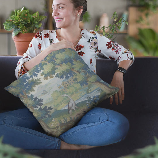 Transport yourself to a serene 19th-century French garden with this stunning Verdure Aubusson Tapestry Pillow Cushion inspired by 19th-century design.